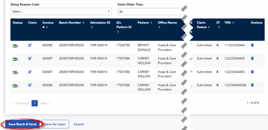 The Save Batch & Send button displays at the leftmost bottom corner of the Resubmit Claims E-Submission Batch page and table.